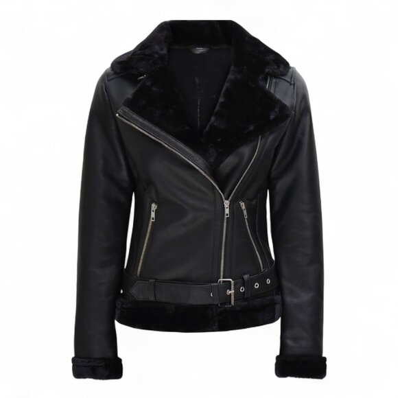 NWT AVIATOR GENUINE LEATHER, SHEARLING Women's Jacket Black/Black - Picture 2 of 3